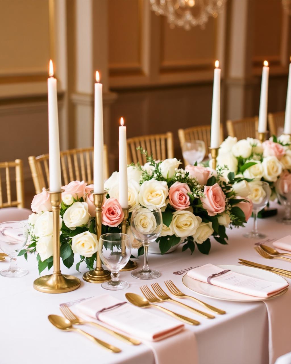 Blush and ivory reception tablescape with taper candles