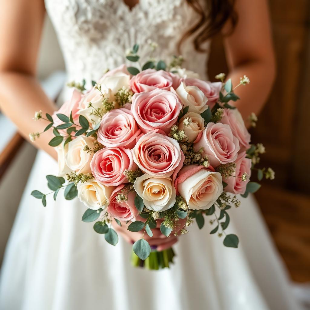 Bridal bouquet of blush roses and eucalyptus
