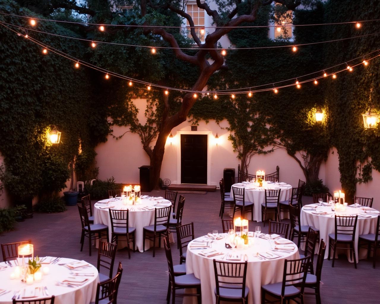 Candlelit Charleston courtyard reception at dusk
