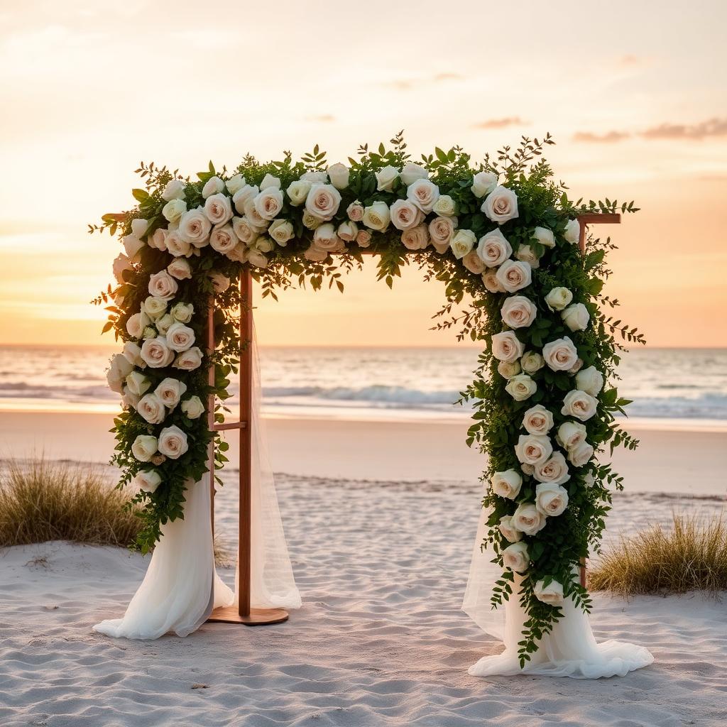 Floral ceremony arch on the beach at sunset
