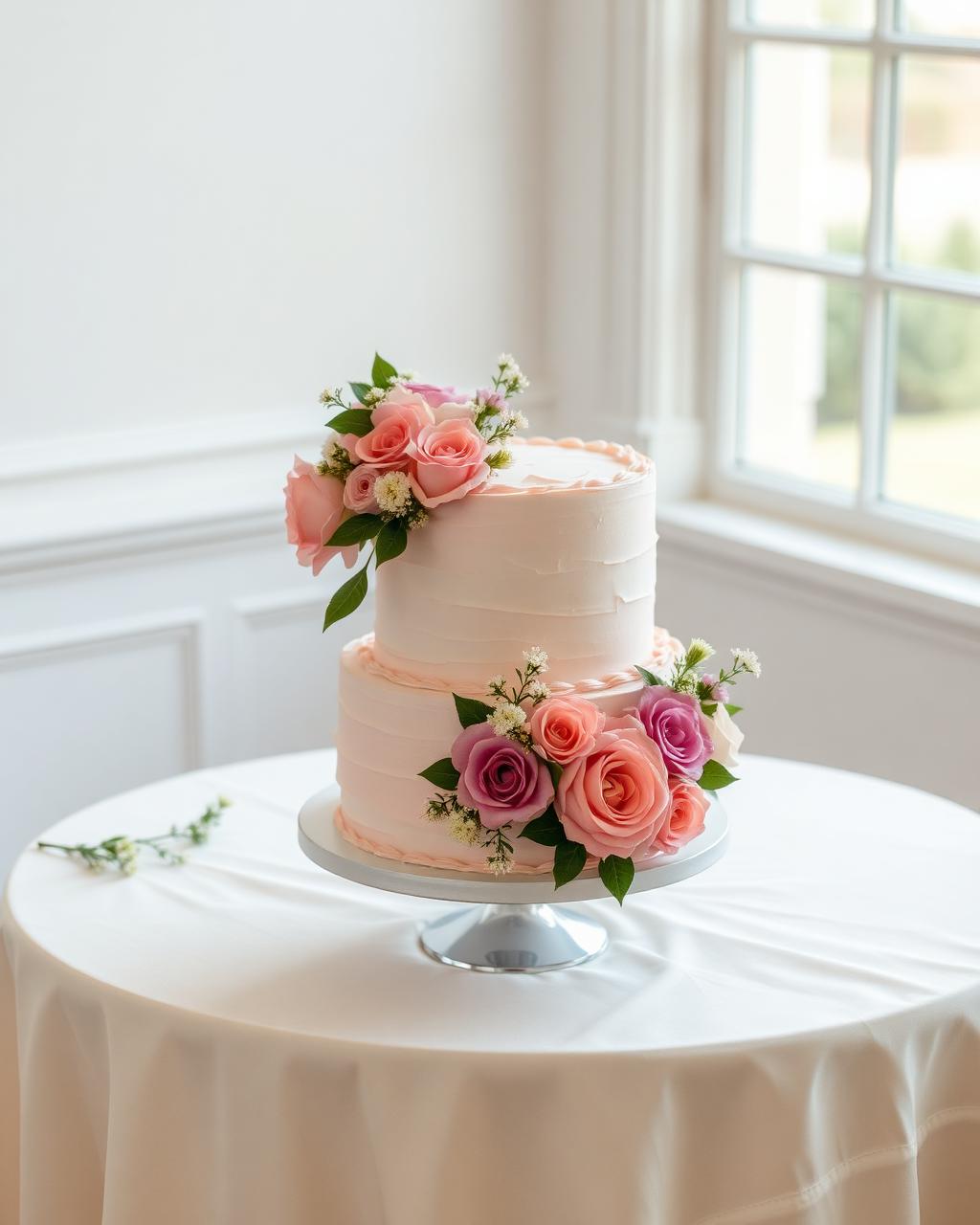 Blush buttercream wedding cake with fresh flowers
