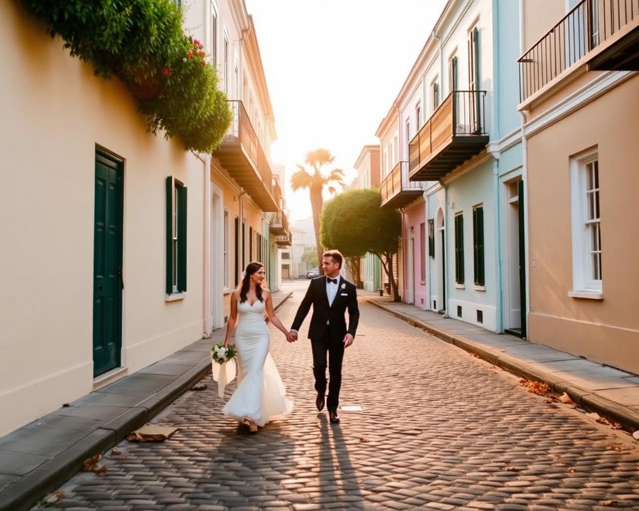 Newlyweds walking a Charleston cobblestone street