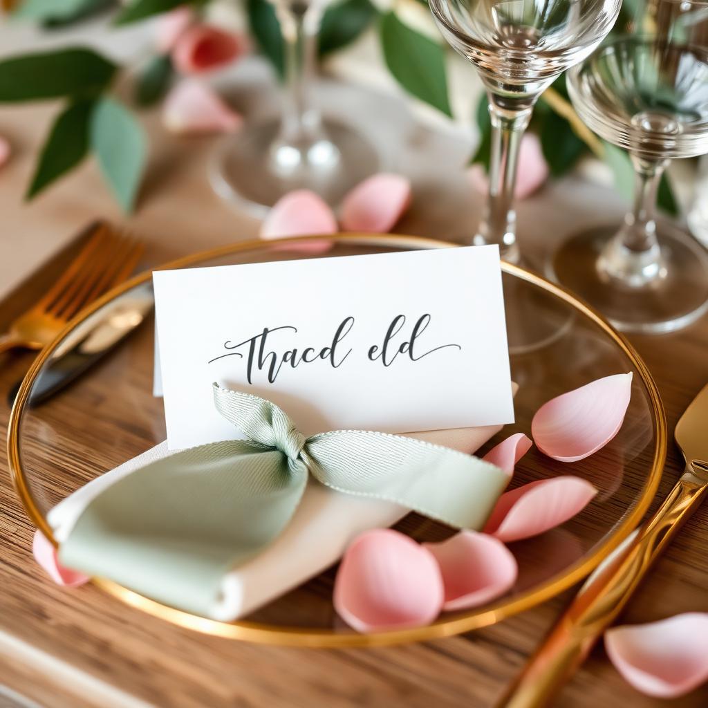 Place setting with calligraphy card and sage ribbon